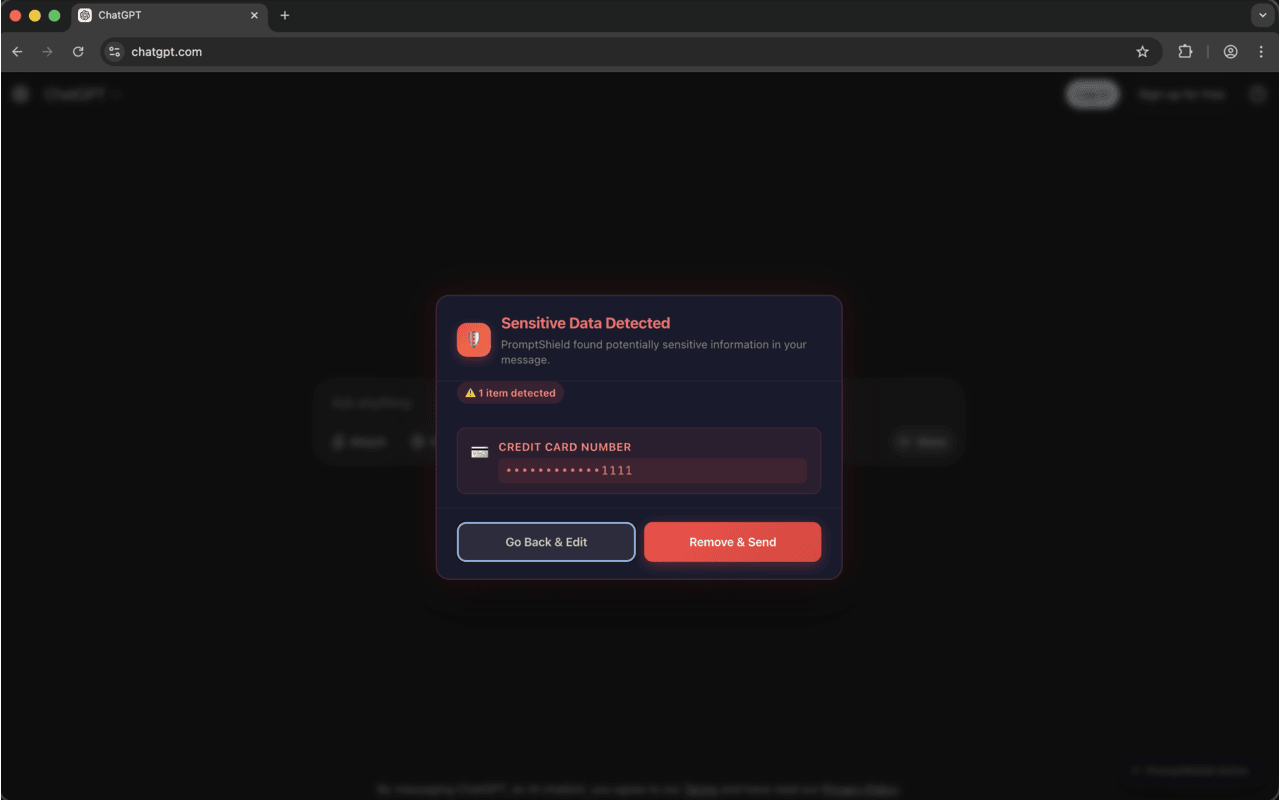 PromptShield detecting sensitive data in ChatGPT