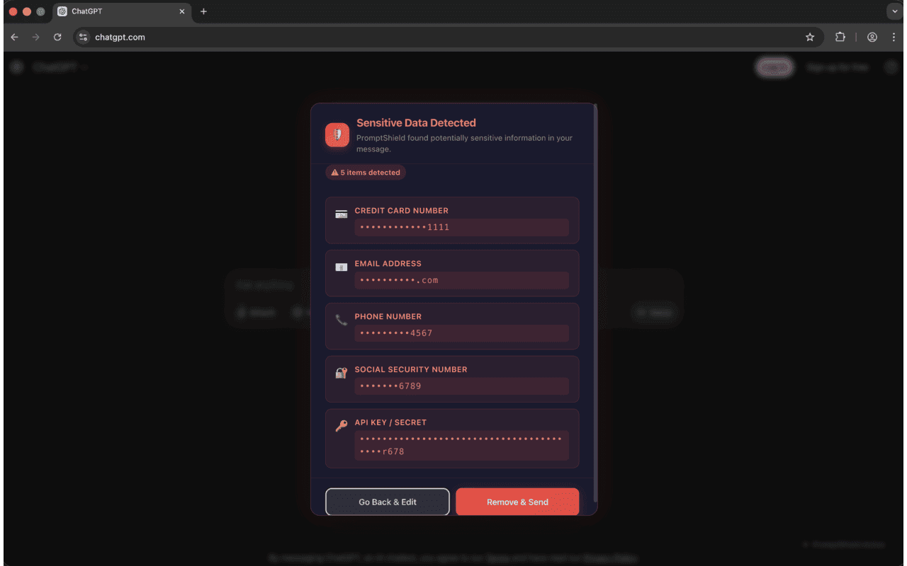 PromptShield detecting multiple types of sensitive data including SSN, credit card, email, phone, and API keys